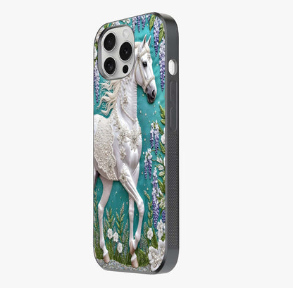 Majestic Floral Stallion Glass Case photographed in natural light showing reflective finish and design depth.