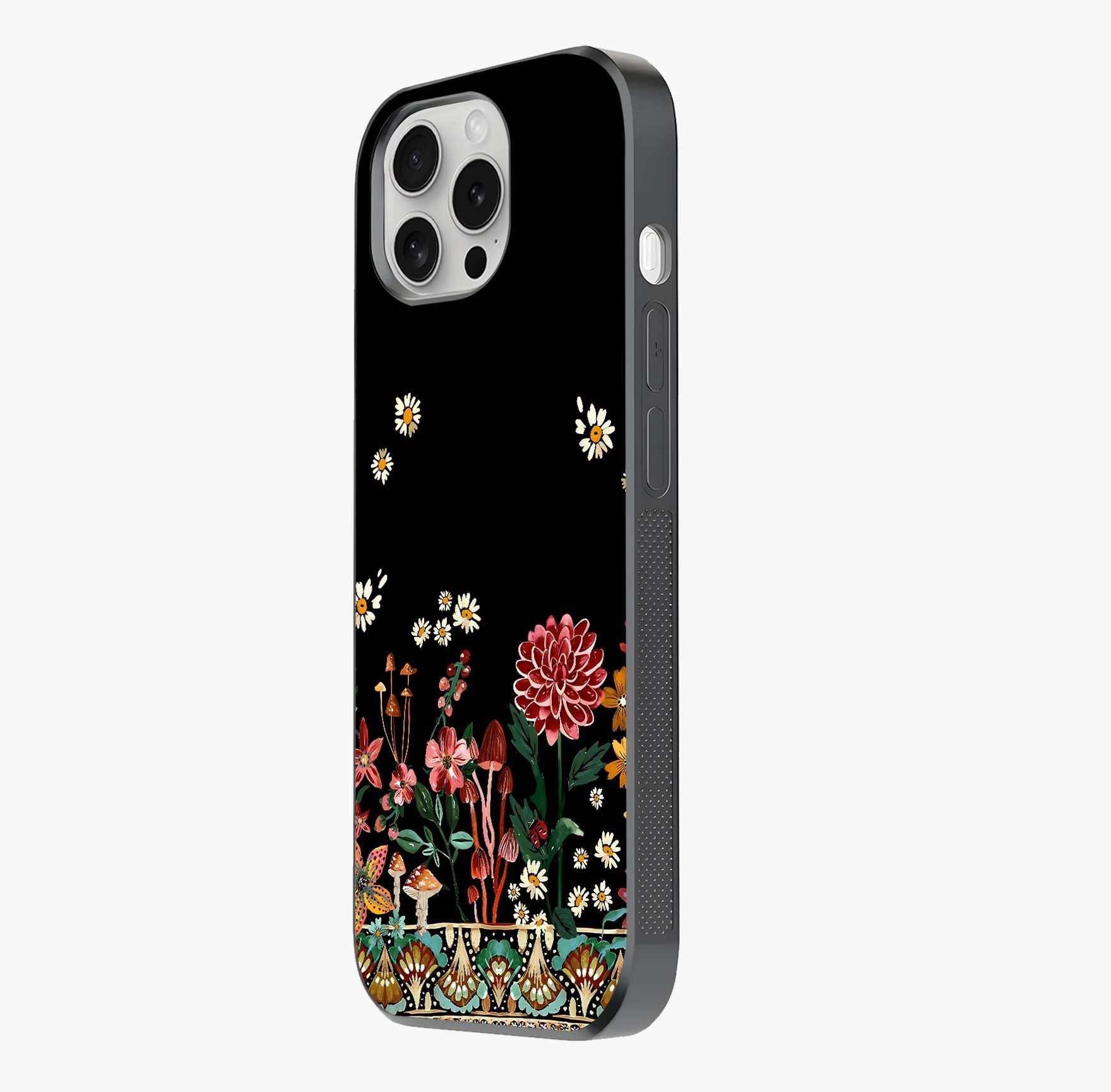 Midnight Bloom Pattern Glass Case photographed in natural light showing reflective finish and design depth.