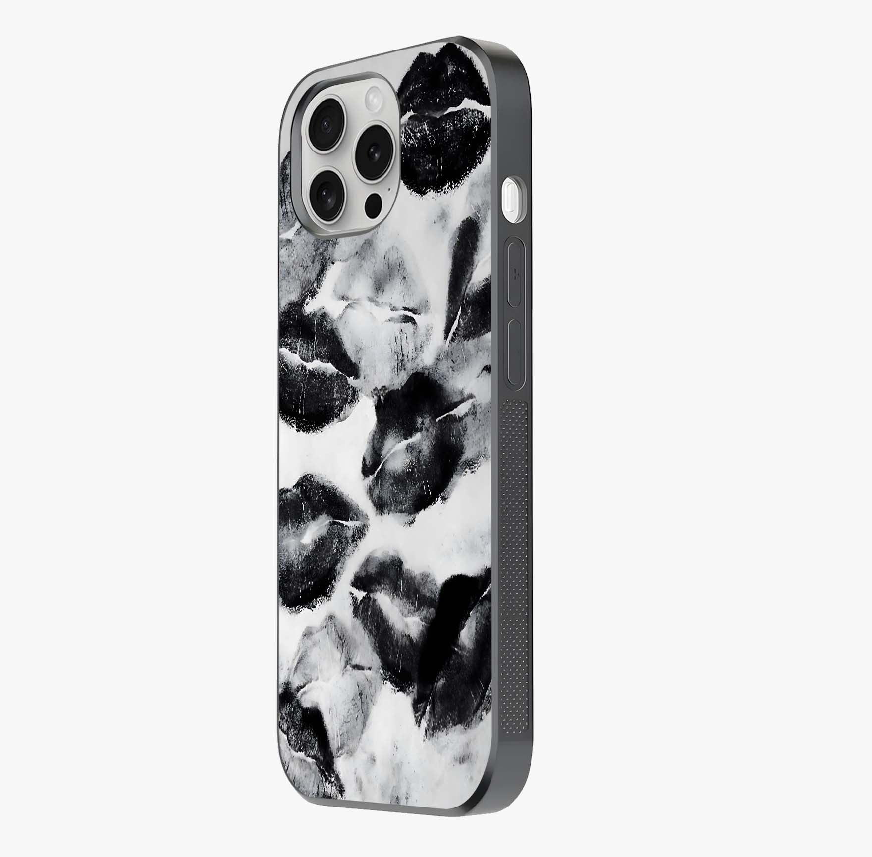 Midnight Kiss Marks Glass Case photographed in natural light showing reflective finish and design depth.