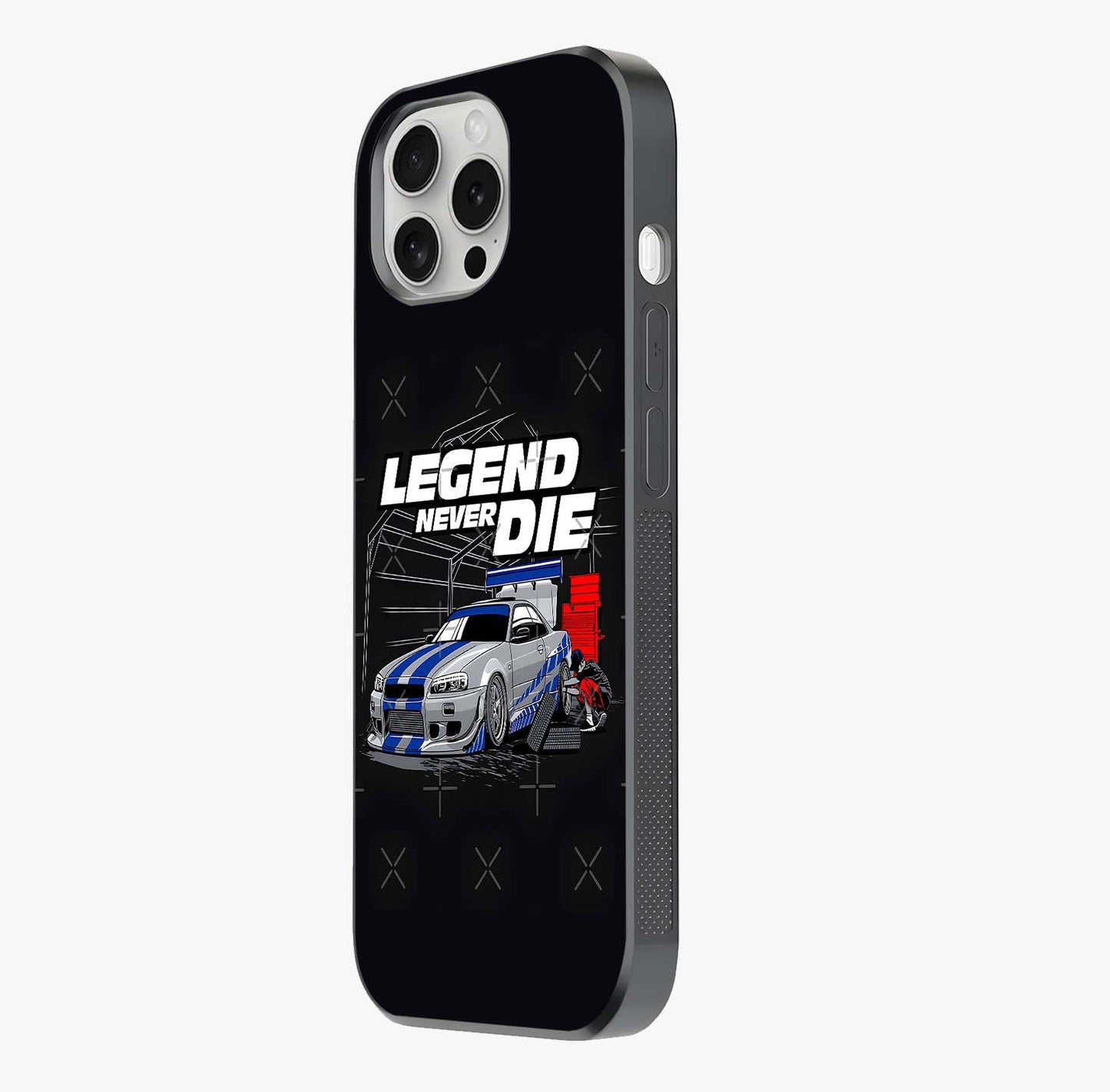 Midnight Racing Legacy Glass Case photographed in natural light showing reflective finish and design depth.