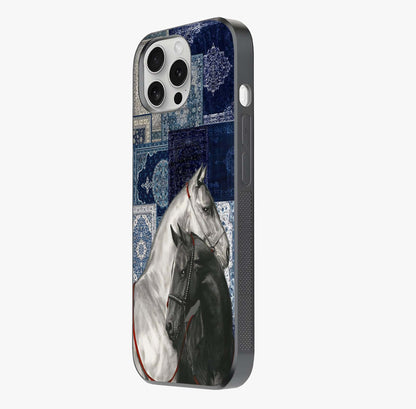 Midnight Stallion Blues Glass Case photographed in natural light showing reflective finish and design depth.