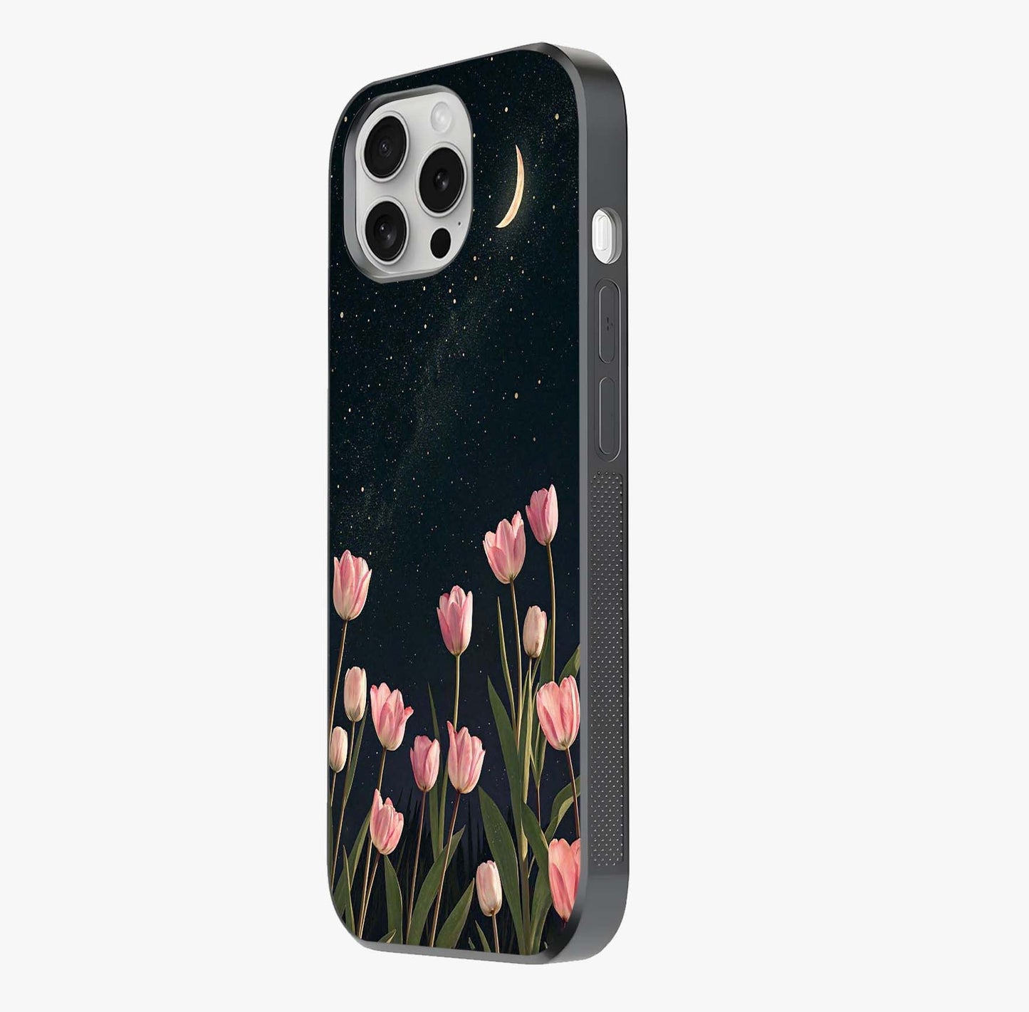 Midnight Tulip Whispers Vibe Glass Case photographed in natural light showing reflective finish and design depth.