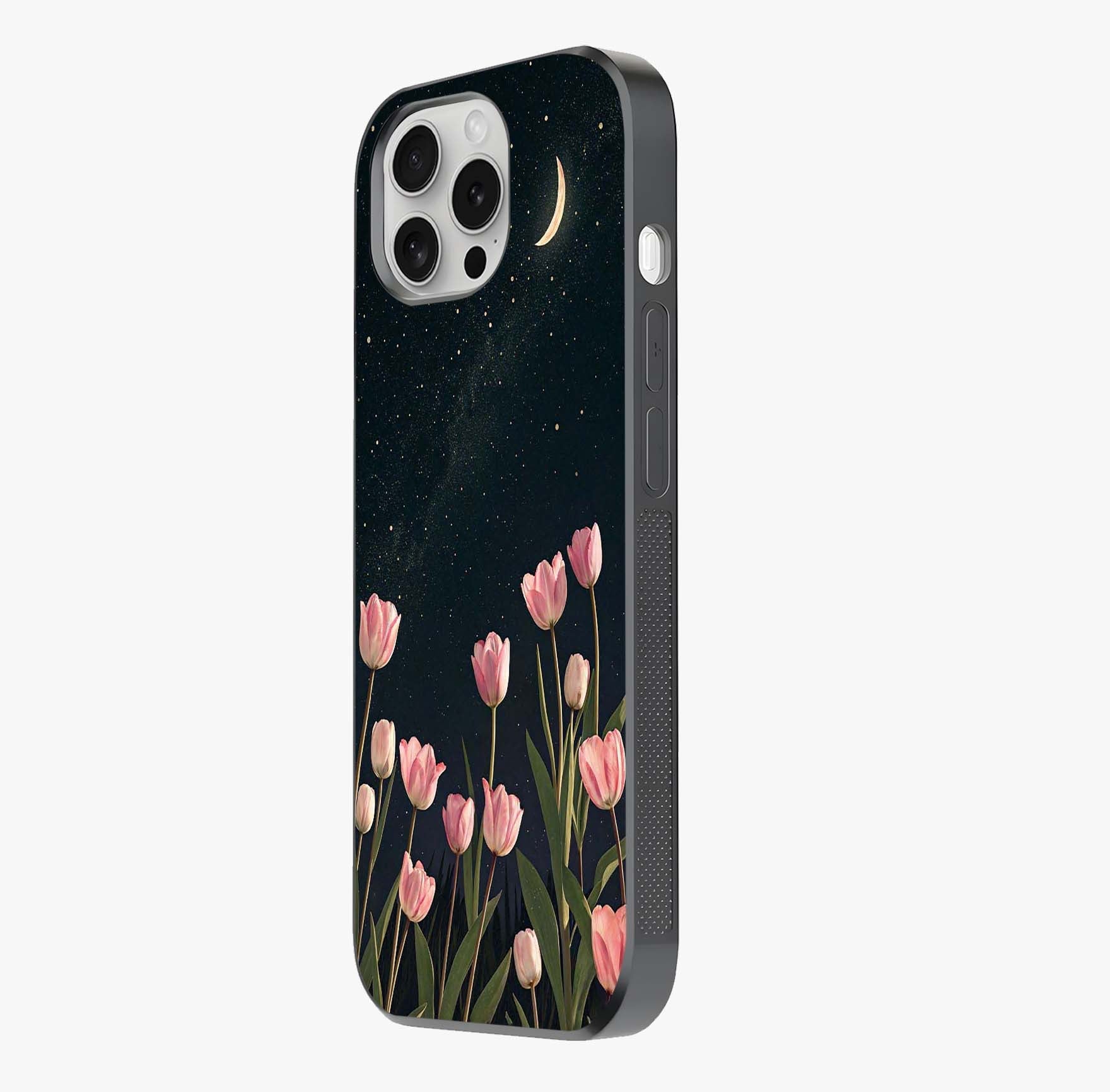 Midnight Tulip Whispers Vibe Glass Case photographed in natural light showing reflective finish and design depth.