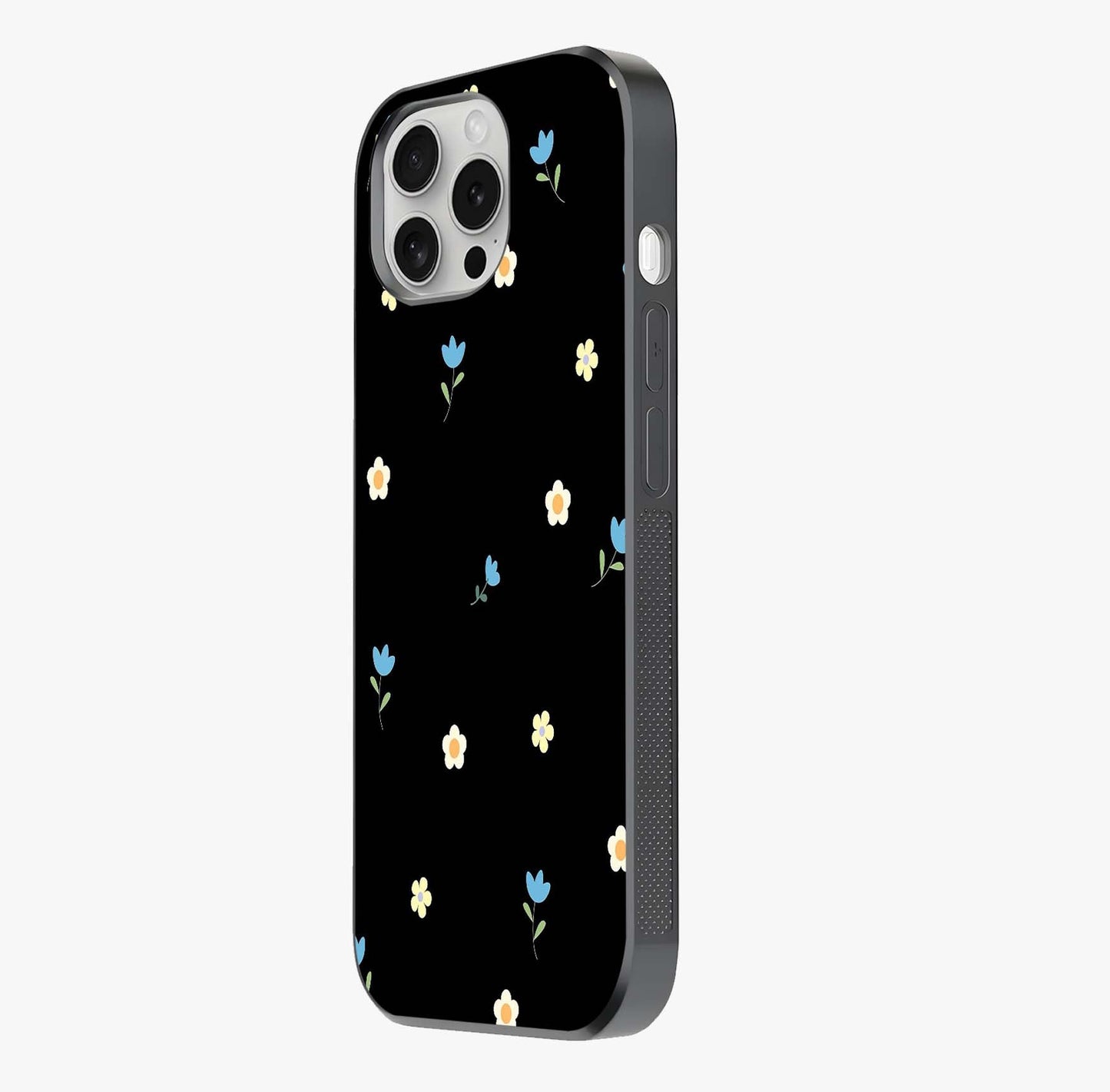 Minimalistic Blue With White Flower Pattern Glass Case photographed in natural light showing reflective finish and design depth.