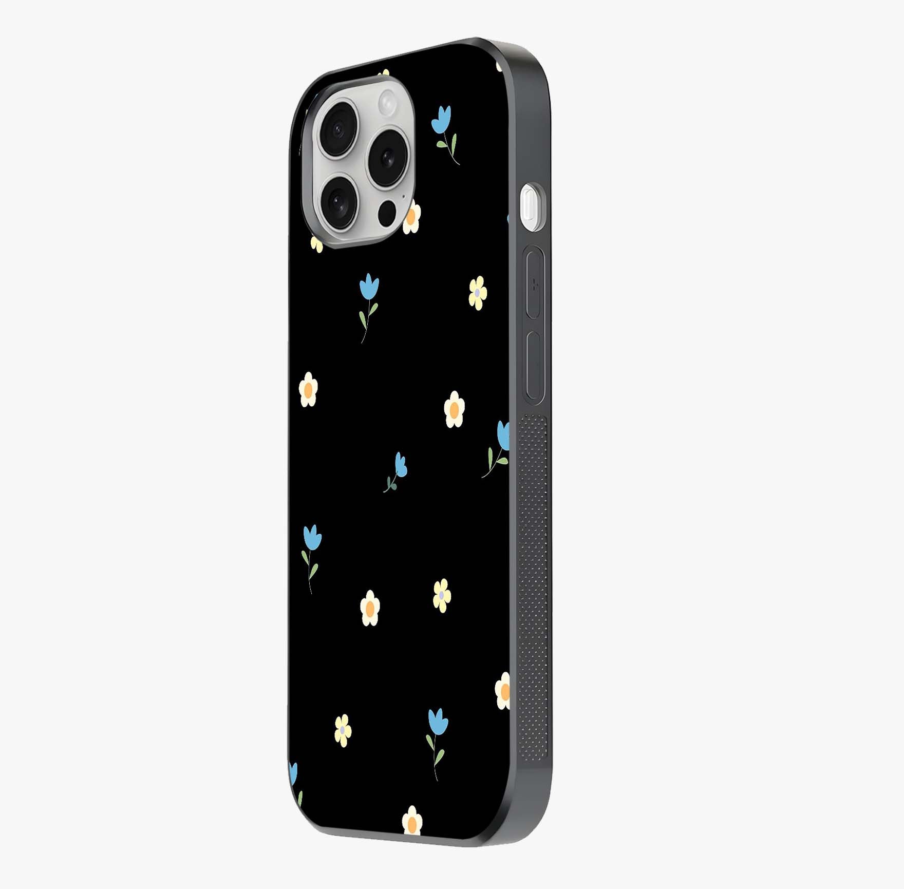 Minimalistic Blue With White Flower Pattern Glass Case photographed in natural light showing reflective finish and design depth.