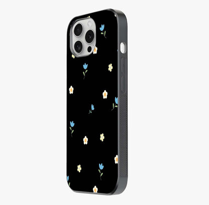 Minimalistic Blue With White Flower Pattern Glass Case photographed in natural light showing reflective finish and design depth.