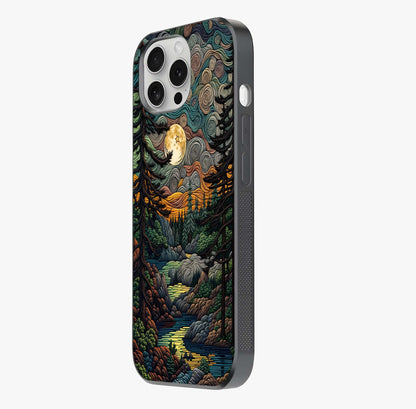 Moonlight Forest Dream Glass Case photographed in natural light showing reflective finish and design depth.