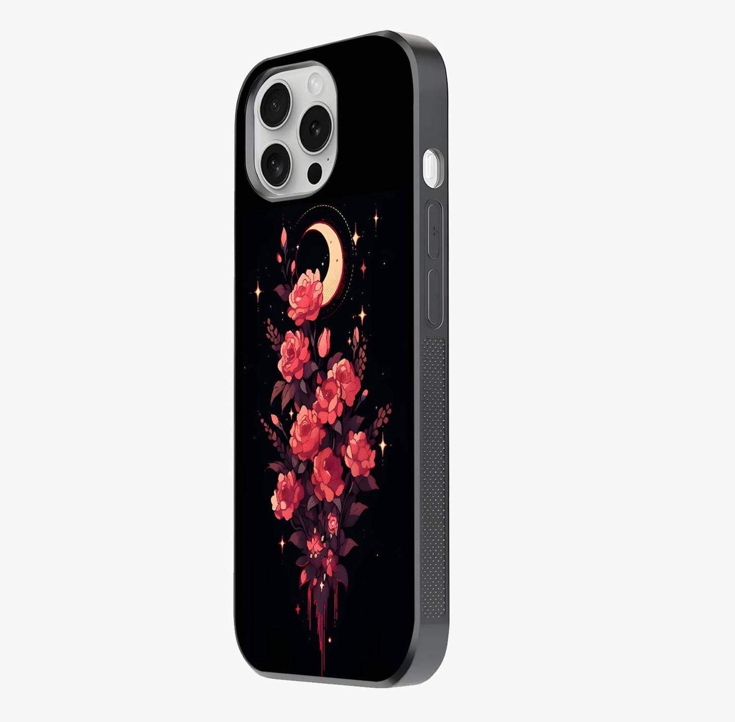 Moonlit Floral Elegance Glass Case photographed in natural light showing reflective finish and design depth.