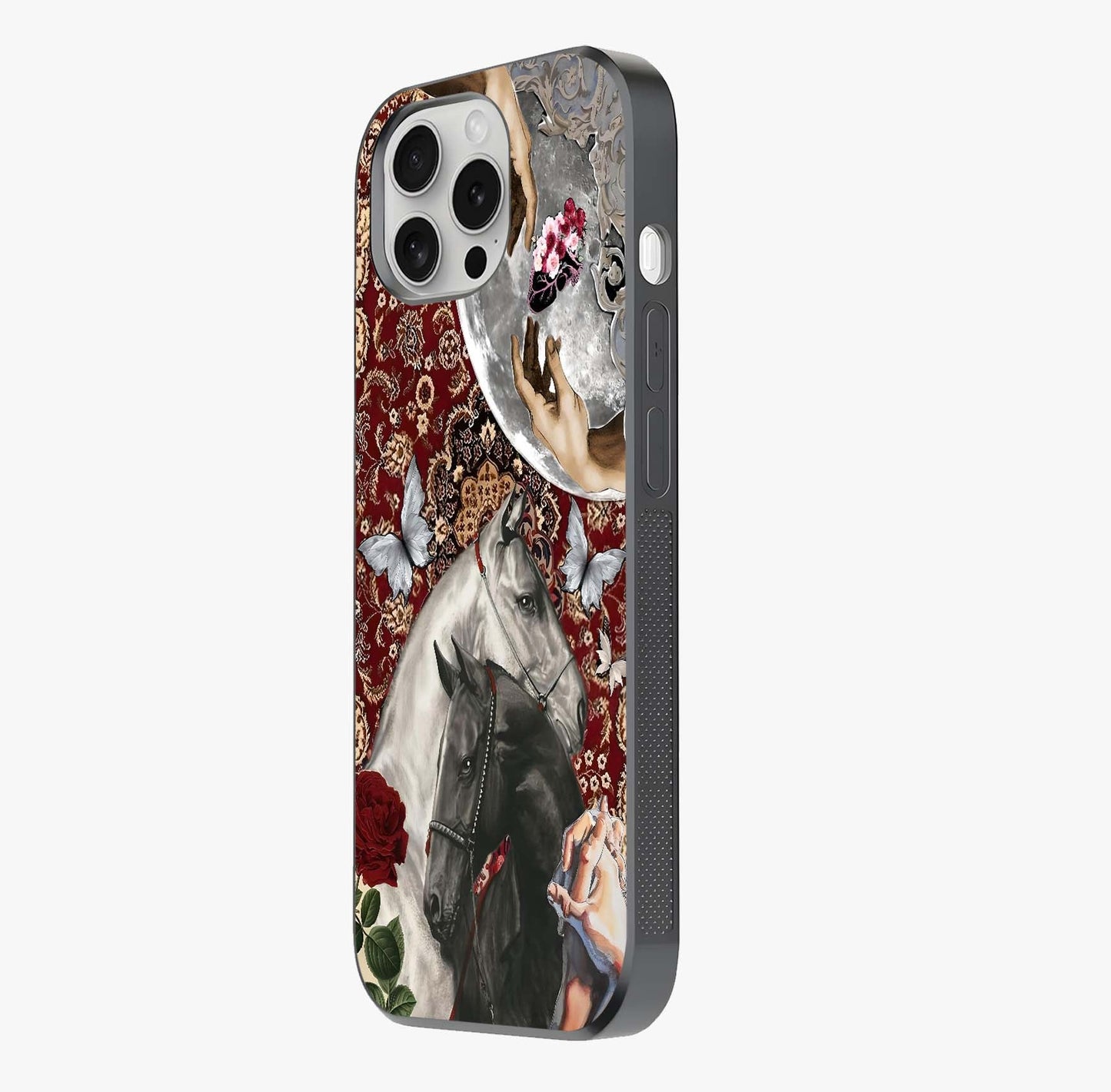 Moonlit Royal Stallion Glass Case photographed in natural light showing reflective finish and design depth.