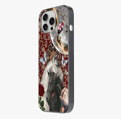 Moonlit Royal Stallion Glass Case photographed in natural light showing reflective finish and design depth.