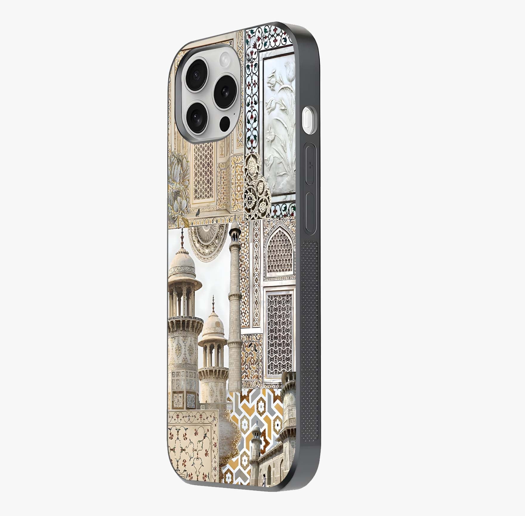 Mughal Marble Legacy Glass Case photographed in natural light showing reflective finish and design depth.