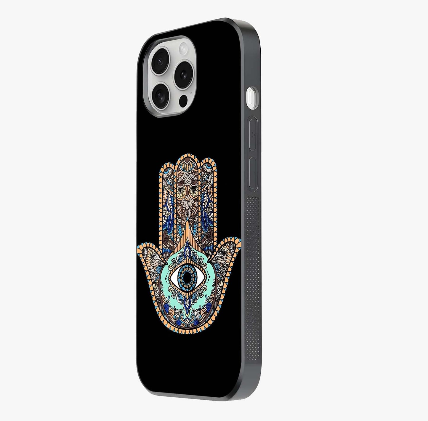 Mystic Hamsa Eye Glass Case photographed in natural light showing reflective finish and design depth.