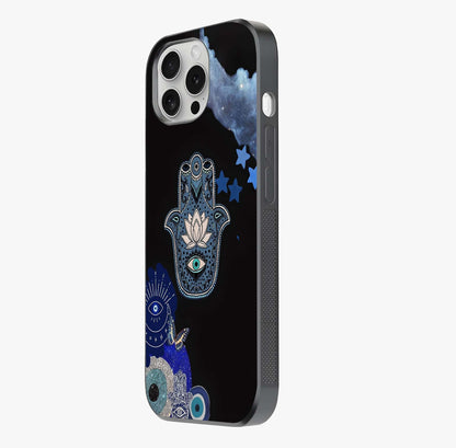Mystic Hand Aura Glass Case photographed in natural light showing reflective finish and design depth.