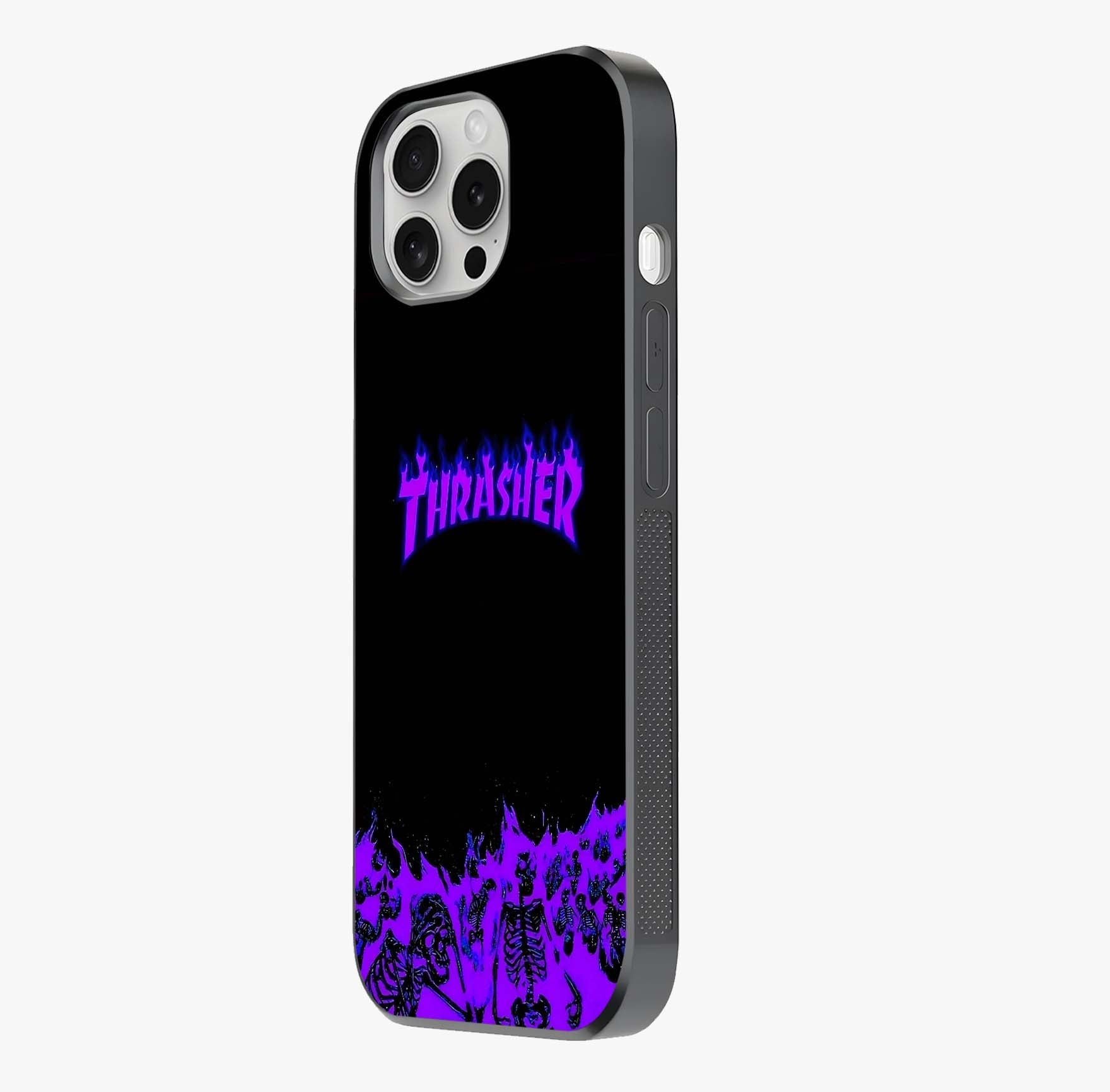 Neon Flame Riot Glass Case photographed in natural light showing reflective finish and design depth.
