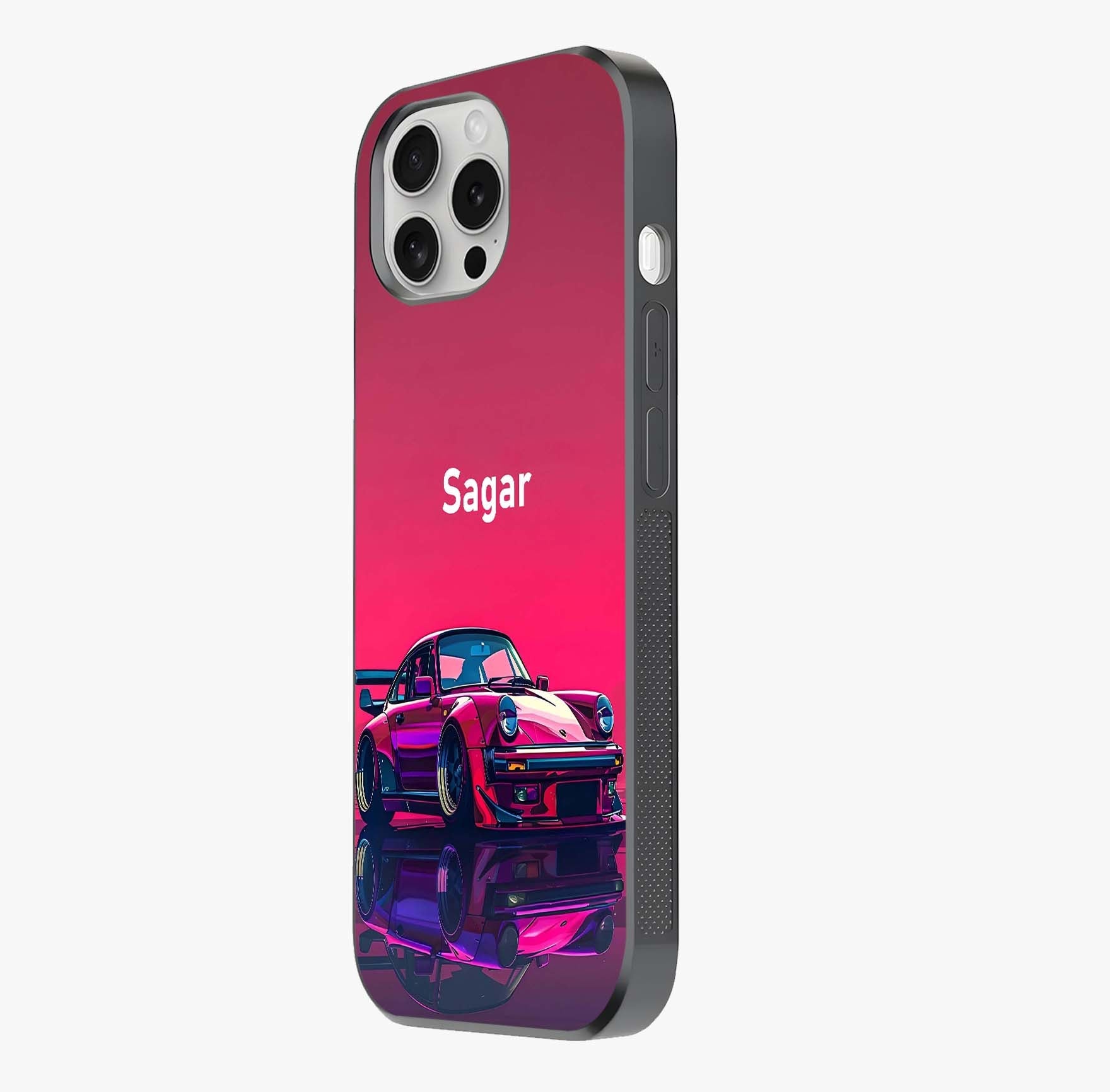 Neon Pink Porsche Glass Case photographed in natural light showing reflective finish and design depth.