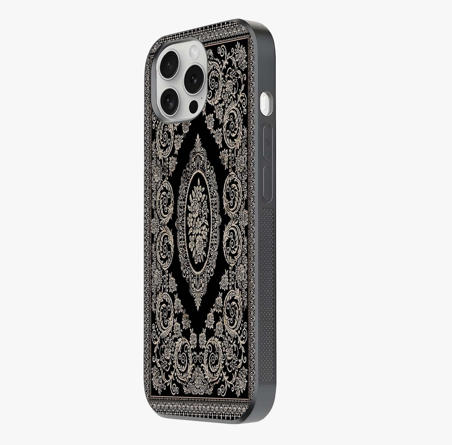 Noir Bloom Elegance Glass Case photographed in natural light showing reflective finish and design depth.