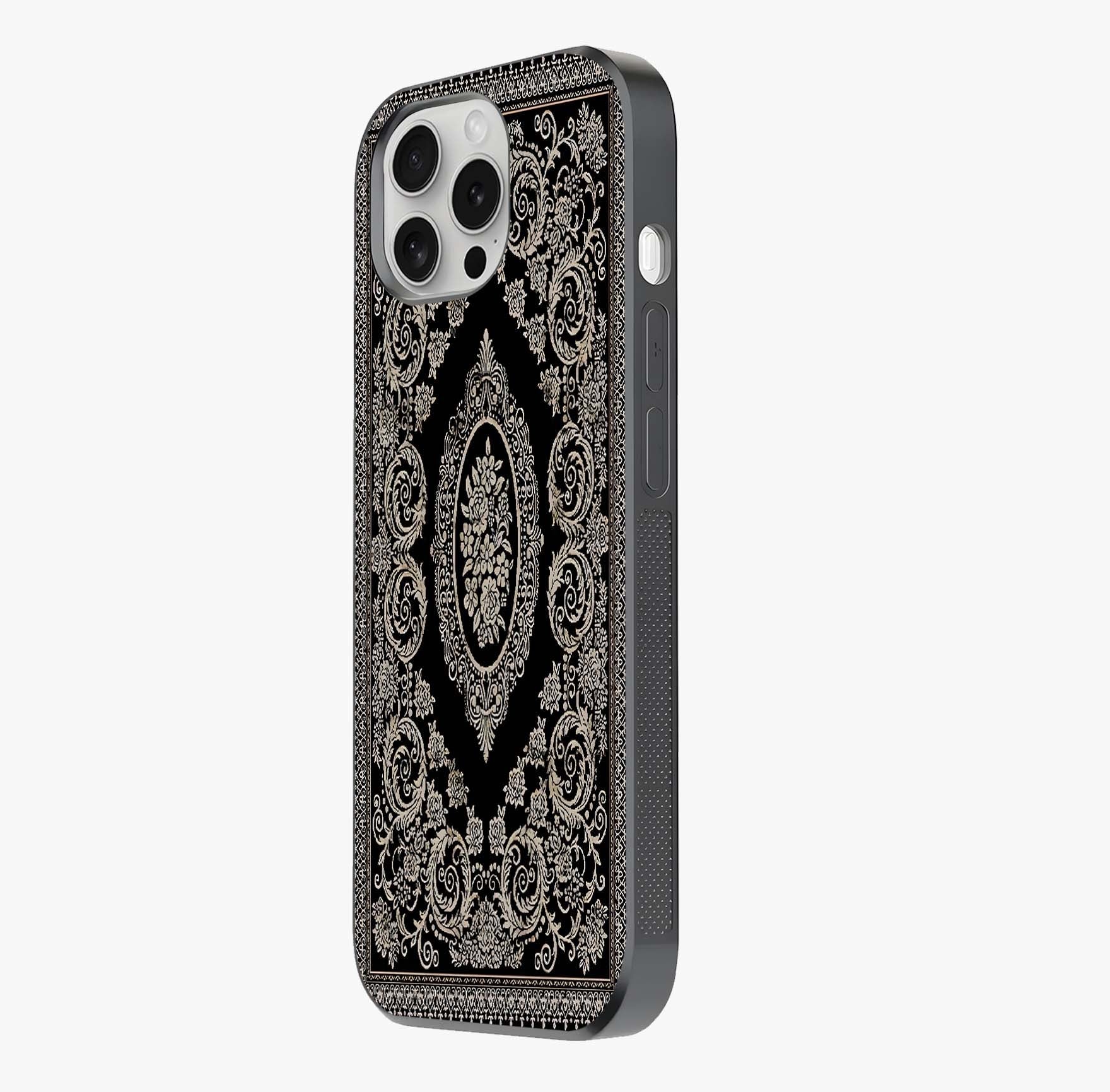 Noir Bloom Elegance Glass Case photographed in natural light showing reflective finish and design depth.