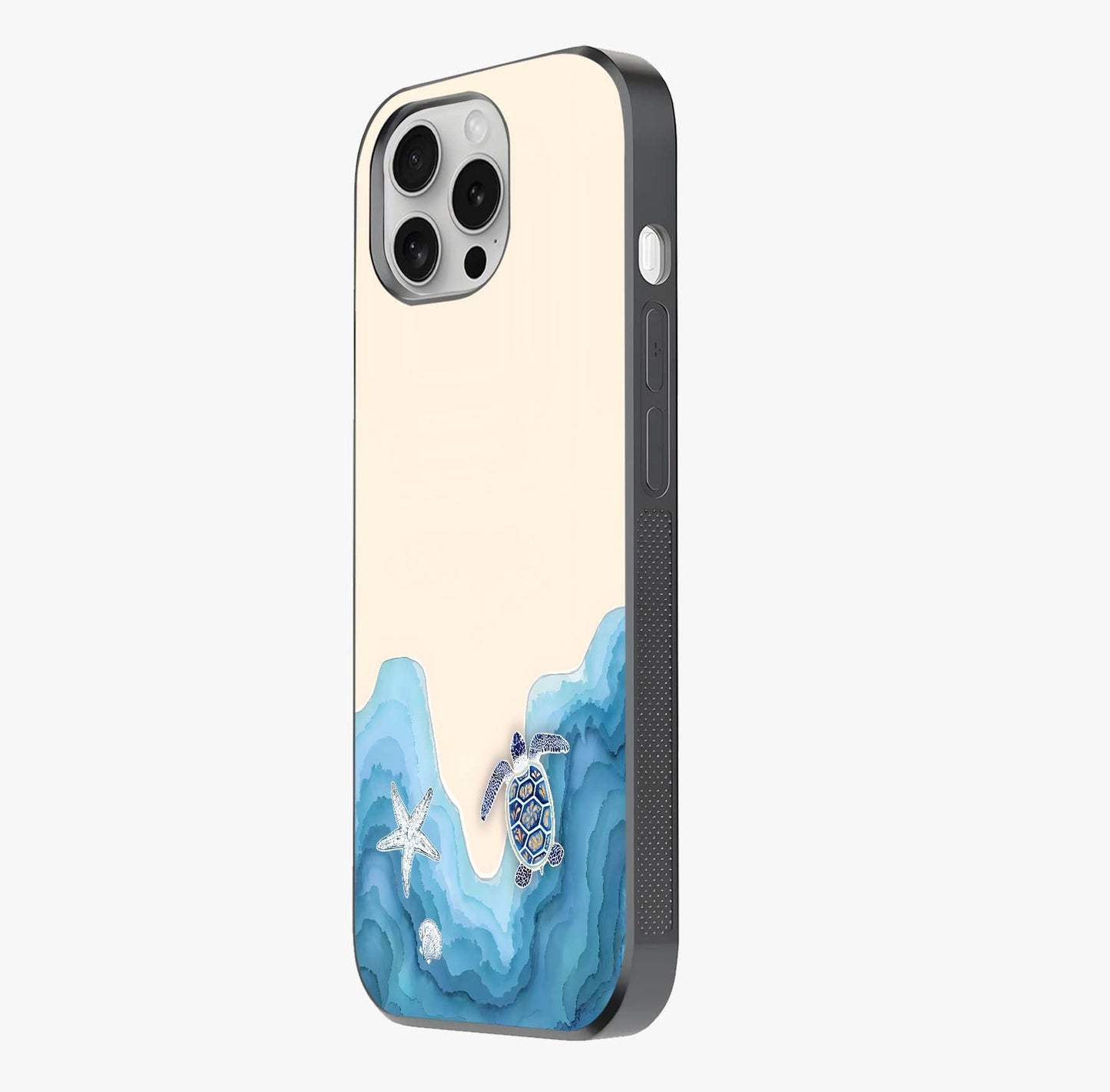 Ocean Drift Turtle Glass Case photographed in natural light showing reflective finish and design depth.