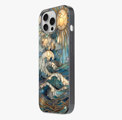 Oceanic Stained Printed Glass Case photographed in natural light showing reflective finish and design depth.