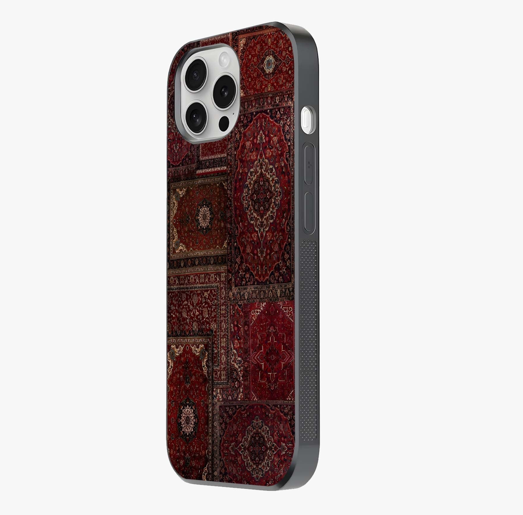 Persian Velvet Tale Glass Case photographed in natural light showing reflective finish and design depth.