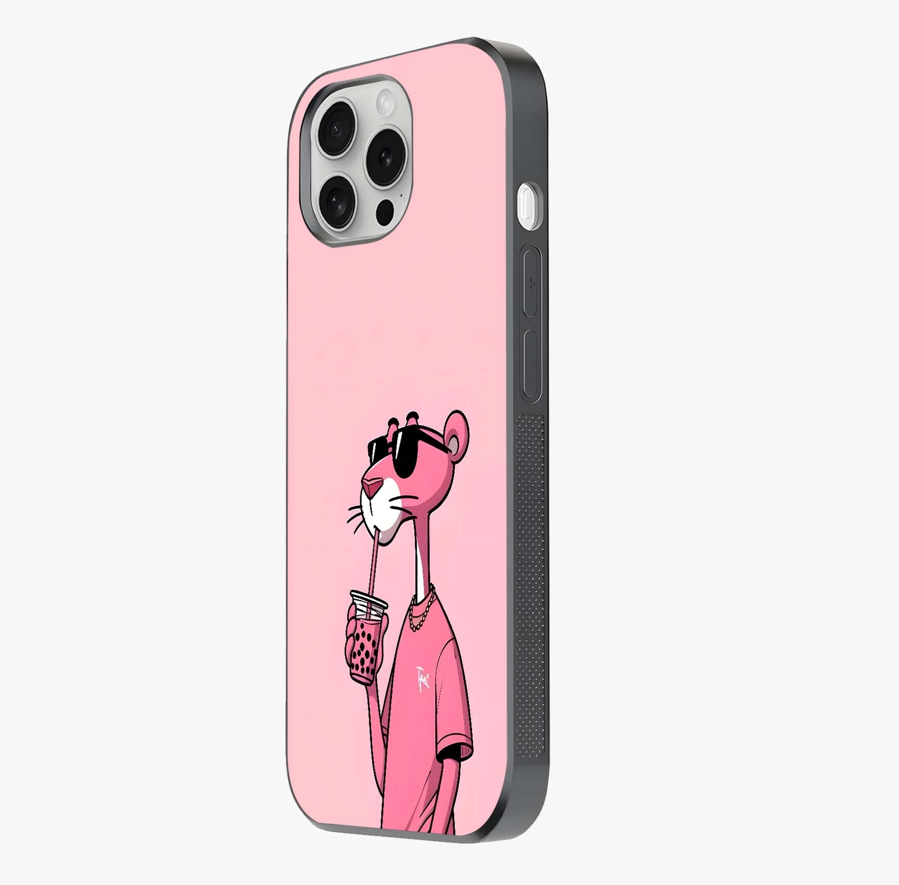 Pink Panther Glass Case photographed in natural light showing reflective finish and design depth.