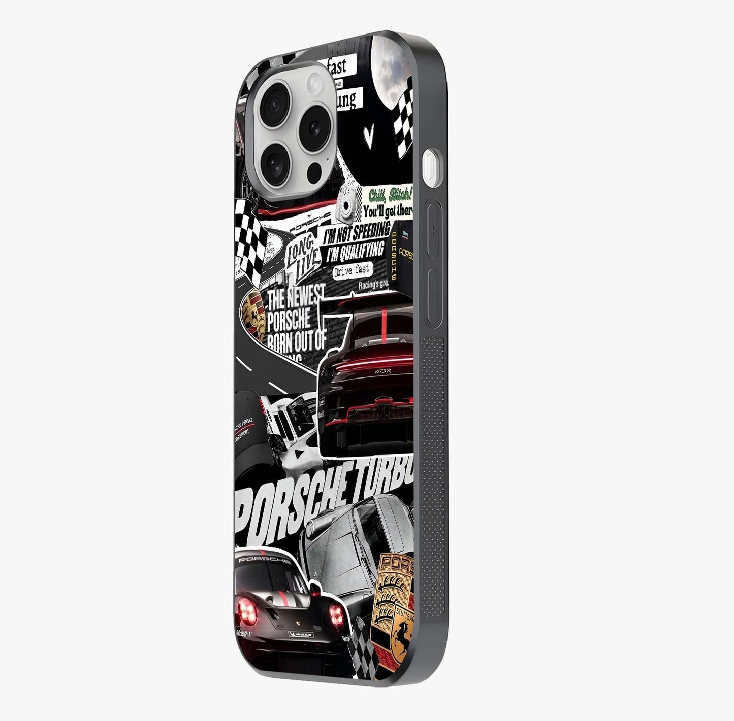 Porsche Racing Collage Glass Case photographed in natural light showing reflective finish and design depth.