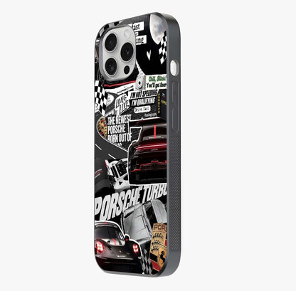 Porsche Racing Collage Glass Case photographed in natural light showing reflective finish and design depth.