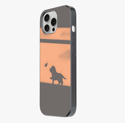 Puppy Shadow Art Glass Case photographed in natural light showing reflective finish and design depth.