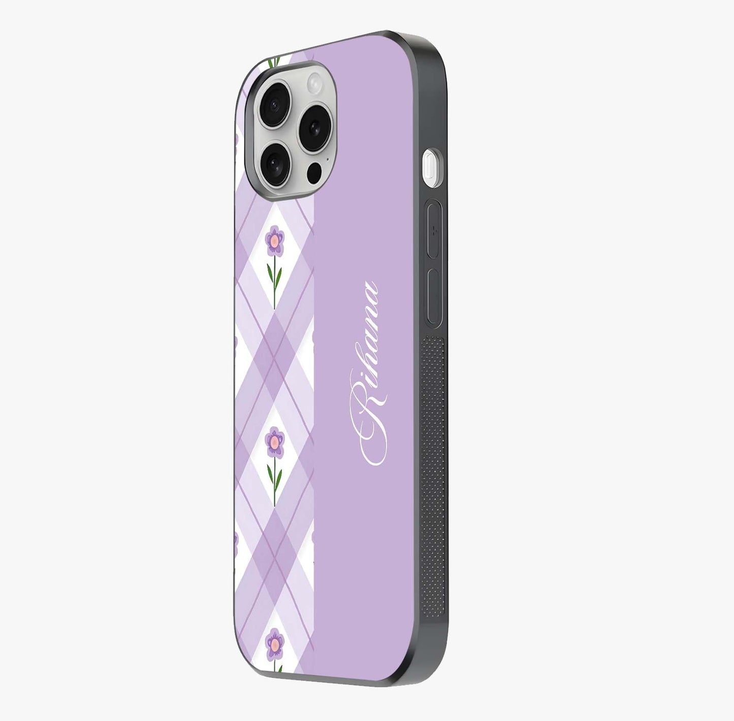 Purple Diamond Floral Glass Case photographed in natural light showing reflective finish and design depth.
