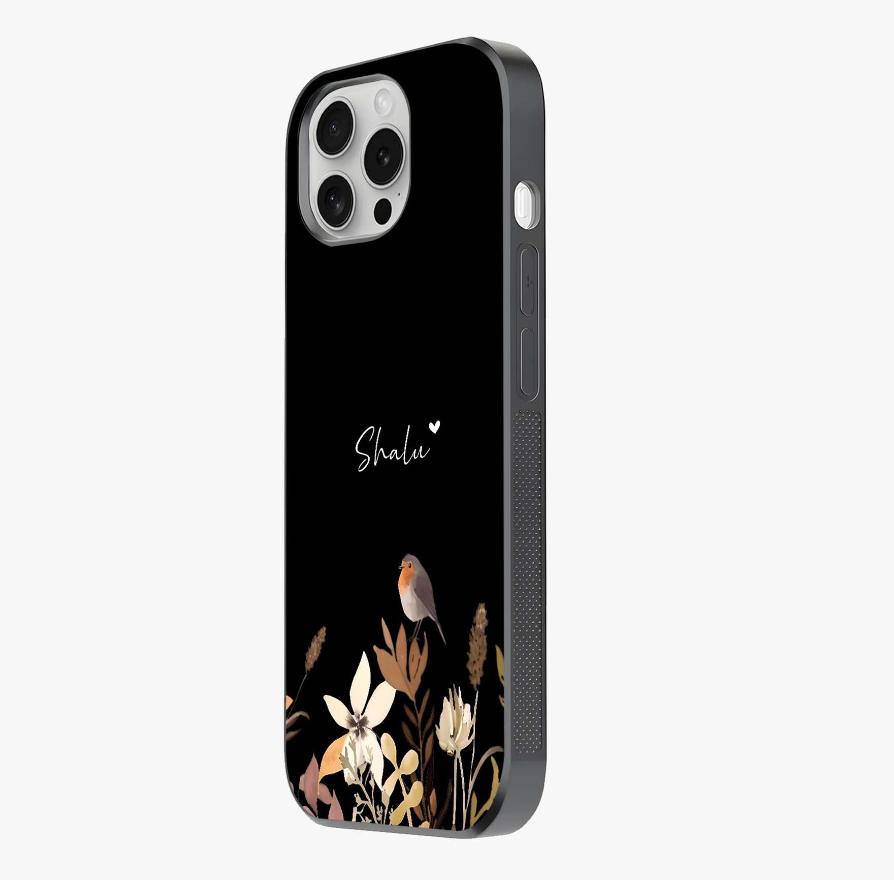 Quiet Garden Tune Custom Name Glass Case photographed in natural light showing reflective finish and design depth.