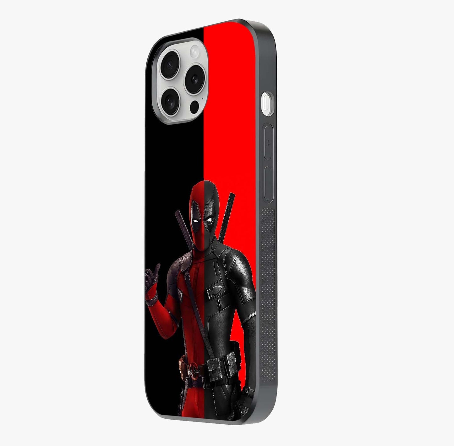 Red & Black Deadpool Theme Glass Case photographed in natural light showing reflective finish and design depth.