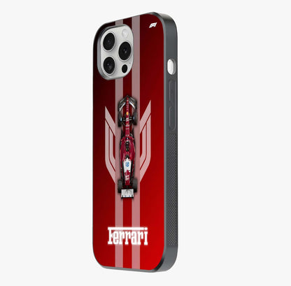 Red Ferrari F1 Vertical Glass Case photographed in natural light showing reflective finish and design depth.