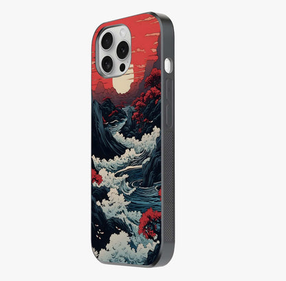 Red Sunset Scenery Glass Case photographed in natural light showing reflective finish and design depth.