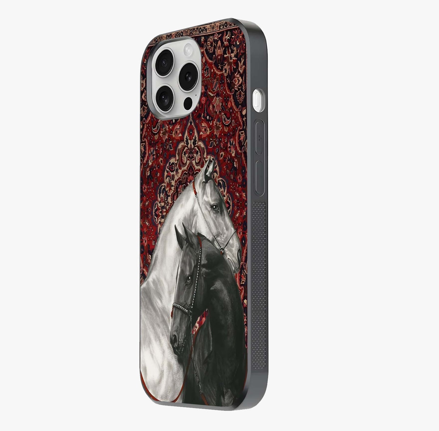 Regal Stallion Tapestry Glass Case photographed in natural light showing reflective finish and design depth.