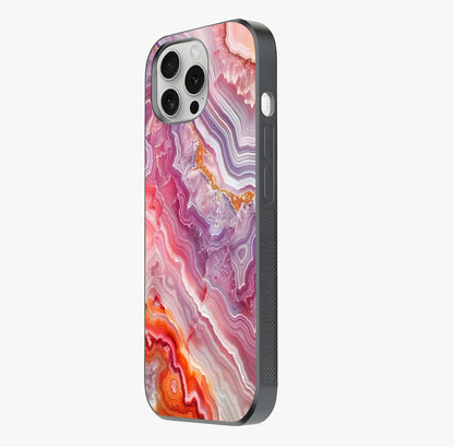 Rose Quartz Marble Glass Case photographed in natural light showing reflective finish and design depth.