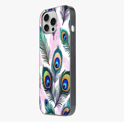 Royal Peacock Feathers Glass Case photographed in natural light showing reflective finish and design depth.