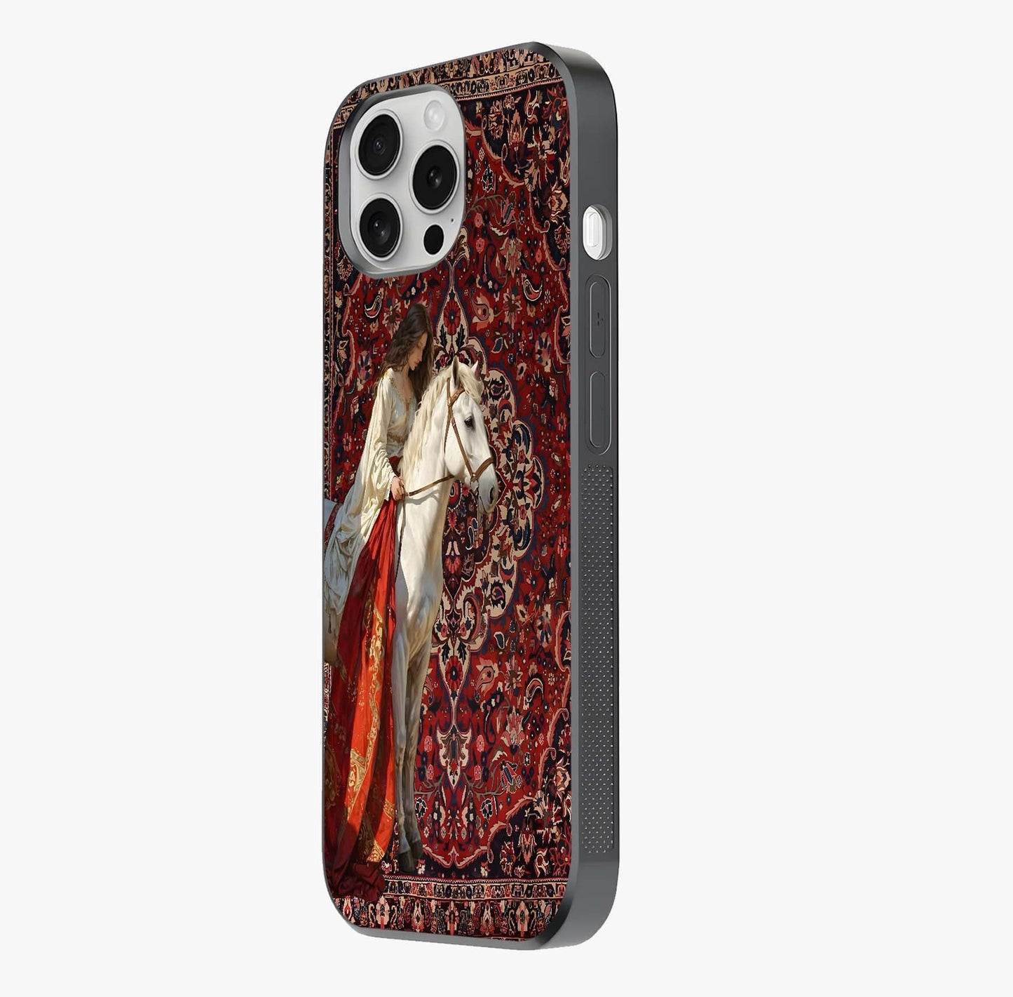 Royal Rider Tapestry Glass Case photographed in natural light showing reflective finish and design depth.