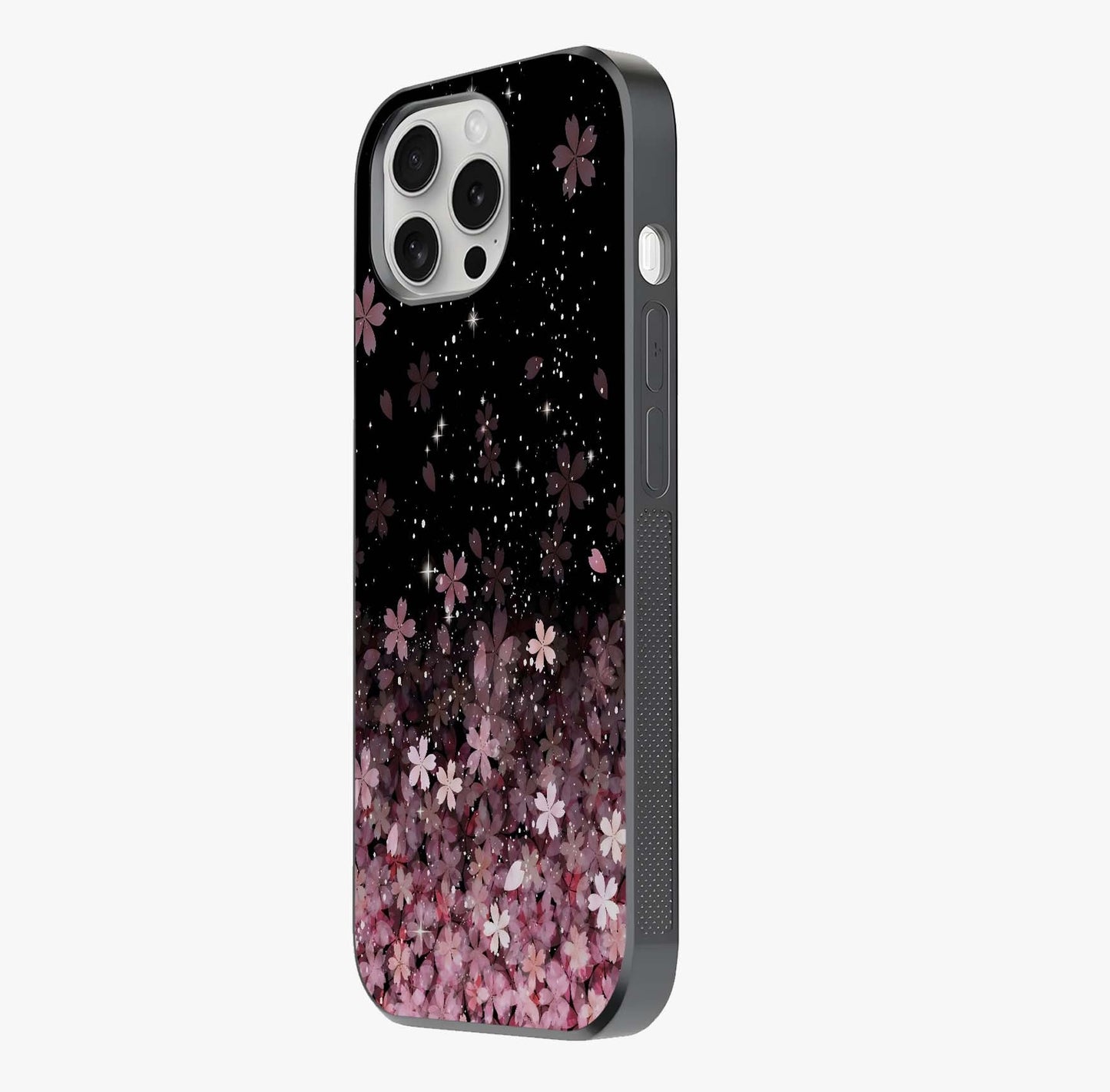 Small Starry Flowers Glass Case photographed in natural light showing reflective finish and design depth.