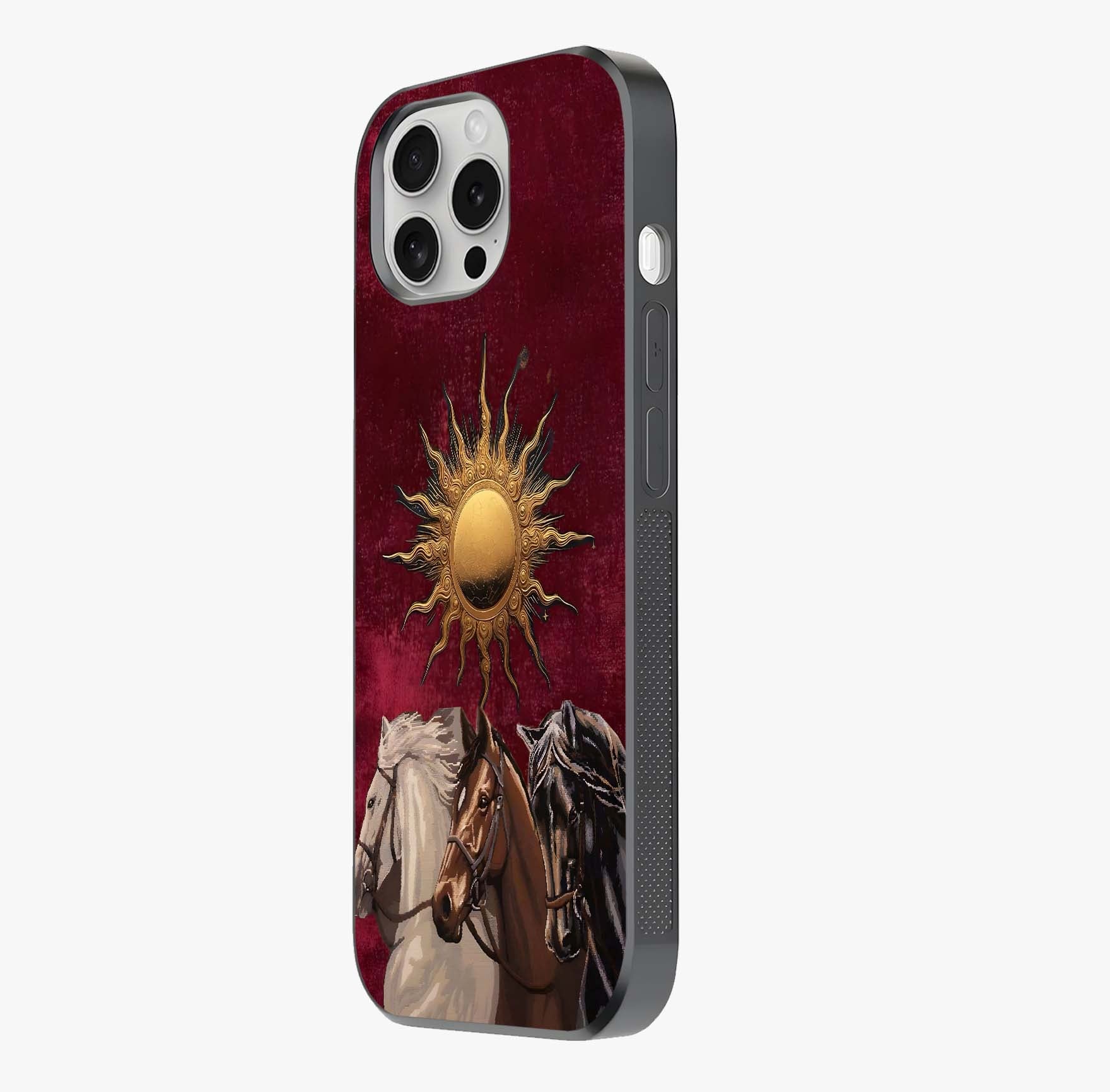 Solar Riders Glass Case photographed in natural light showing reflective finish and design depth.