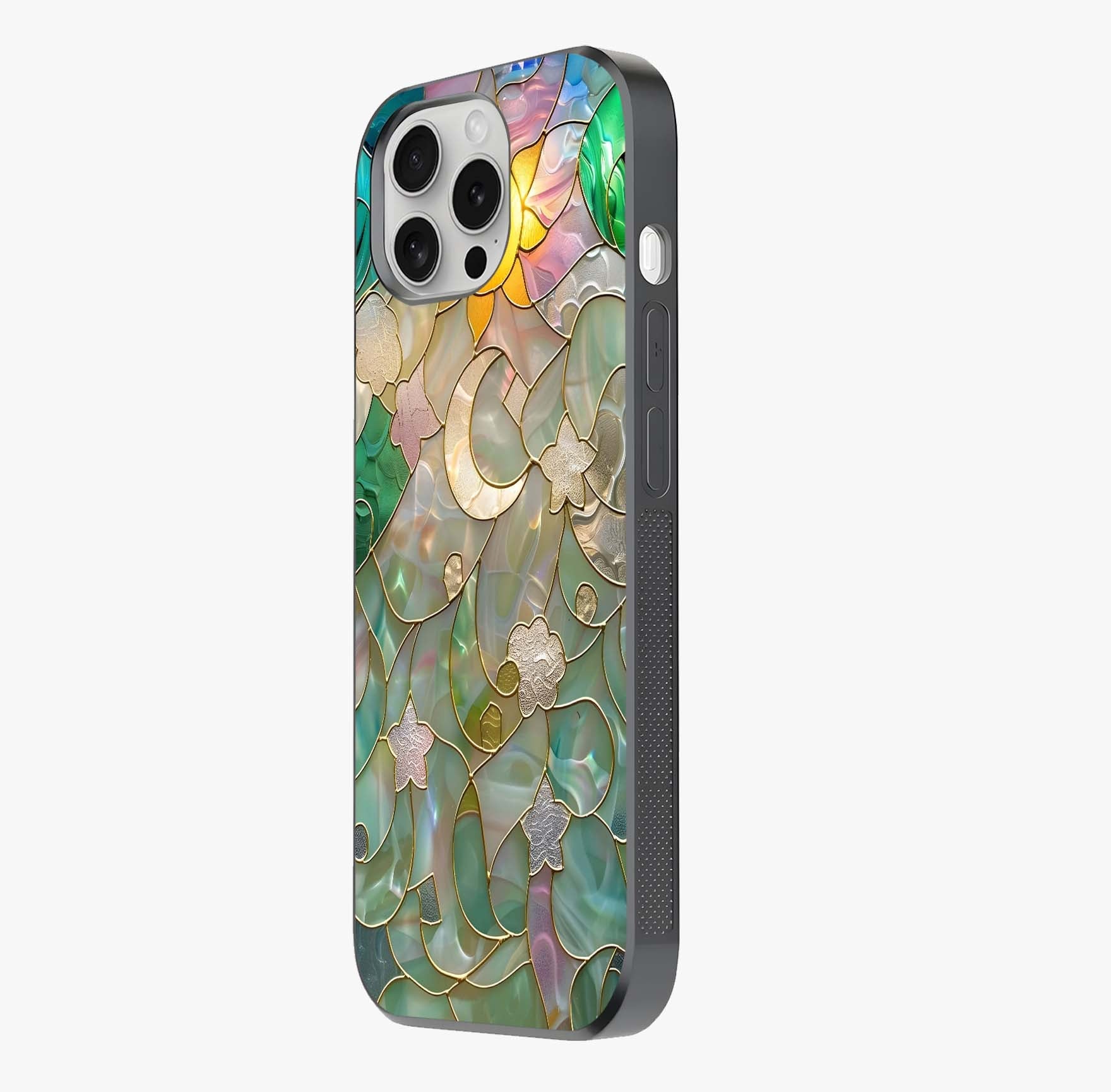 Stained Sunrise Glow Glass Case photographed in natural light showing reflective finish and design depth.