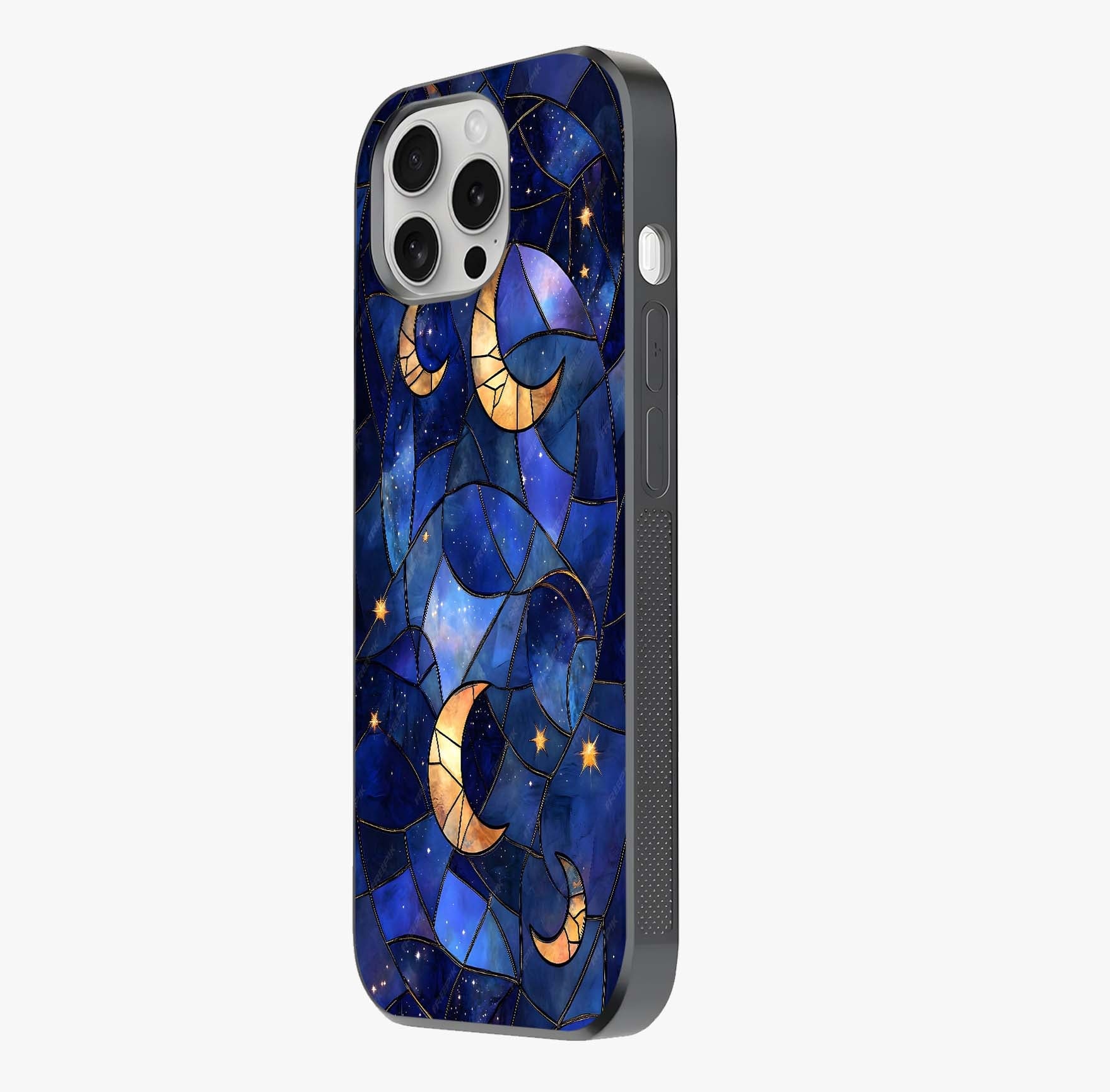 Starlit Sky Tapestry Glass Case photographed in natural light showing reflective finish and design depth.