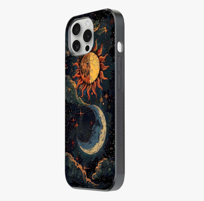 Sun And Moon Magic Design Glass Case photographed in natural light showing reflective finish and design depth.