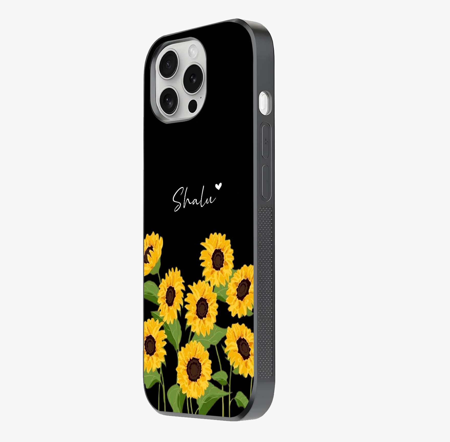 Sunflower Chic Mood Custom Name Glass Case photographed in natural light showing reflective finish and design depth.