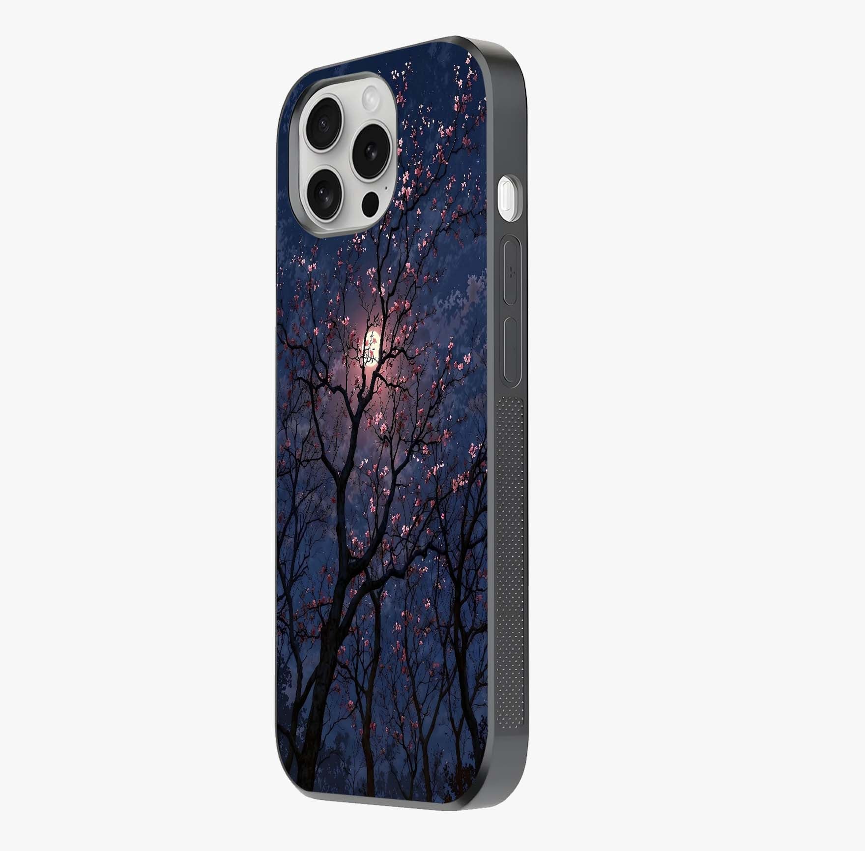 Twilight Sakura Serenade Glass Case photographed in natural light showing reflective finish and design depth.