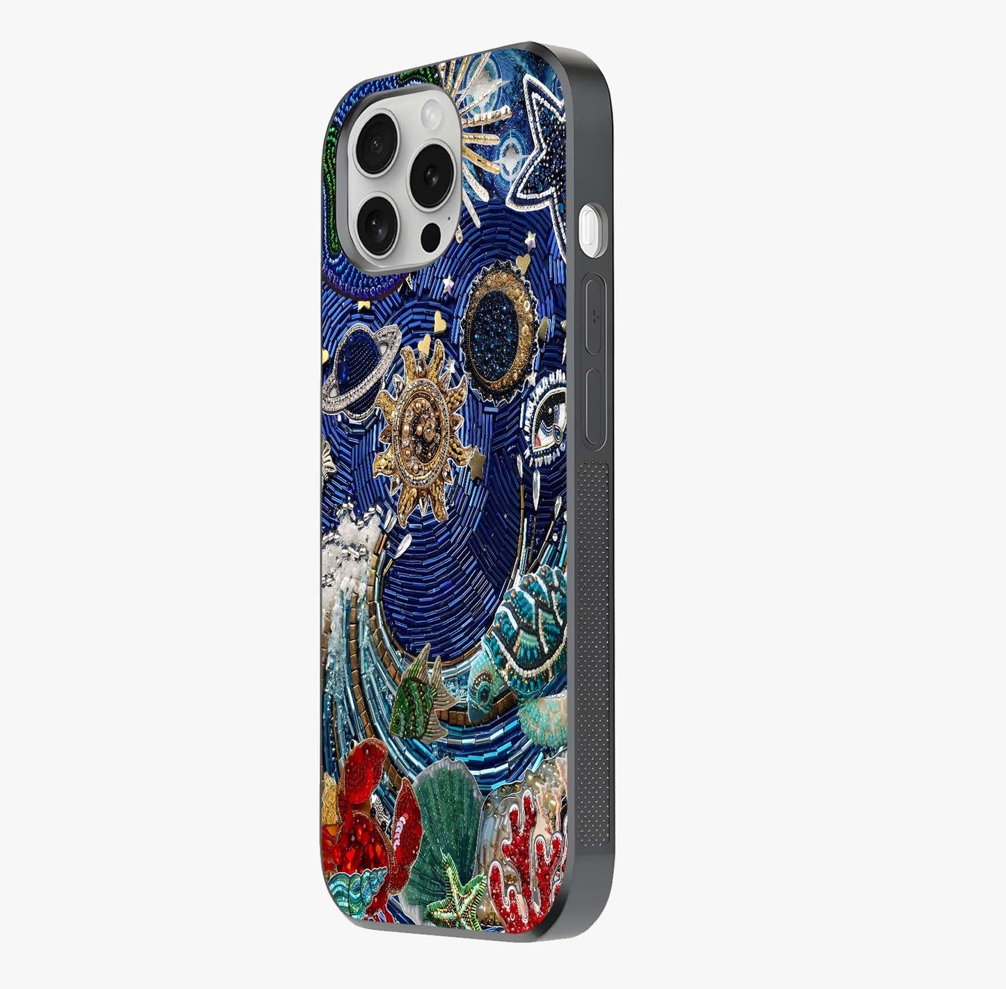Universe Underwater Spark Glass Case photographed in natural light showing reflective finish and design depth.