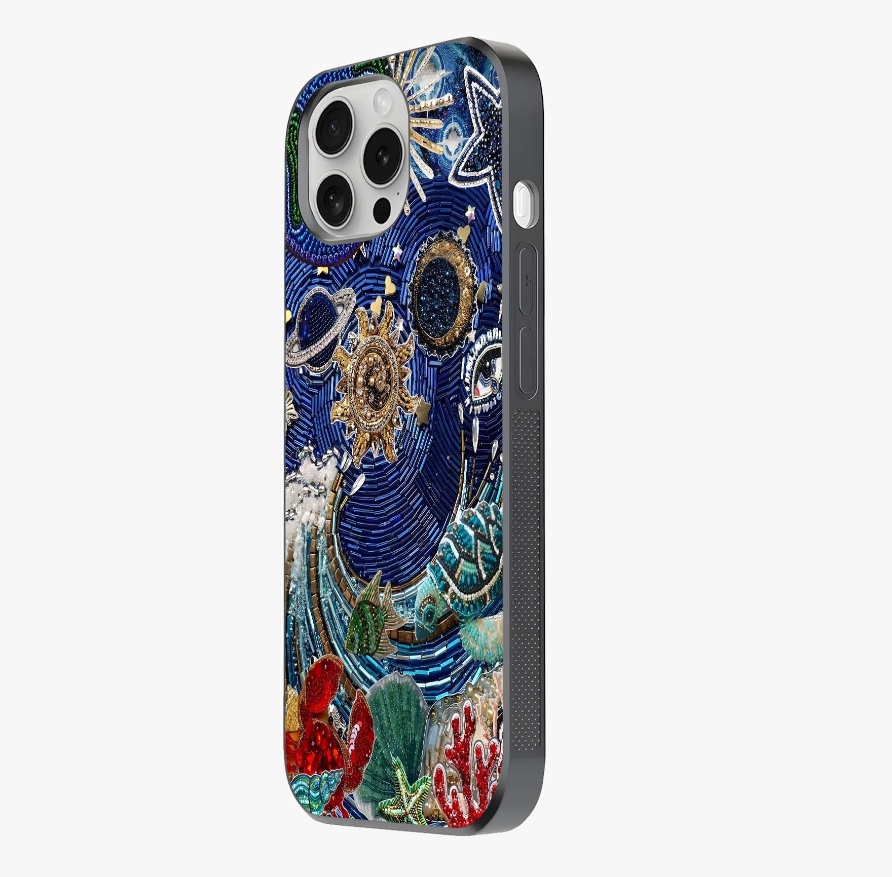 Universe Underwater Spark Glass Case photographed in natural light showing reflective finish and design depth.