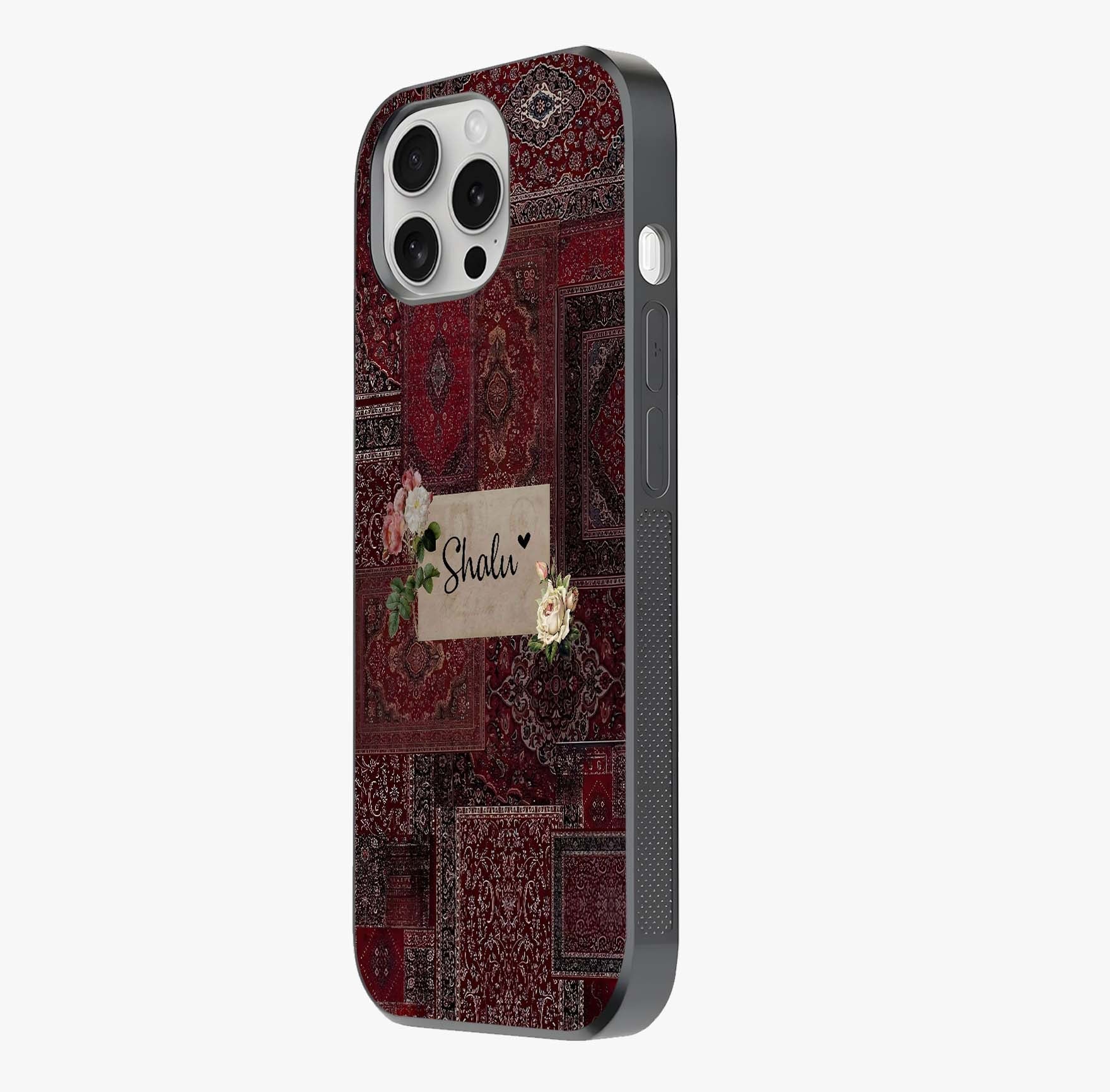 Velvet Wine Pattern Custom Name Glass Case photographed in natural light showing reflective finish and design depth.