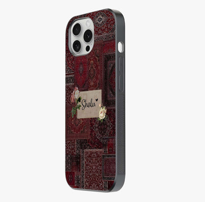 Velvet Wine Pattern Custom Name Glass Case photographed in natural light showing reflective finish and design depth.