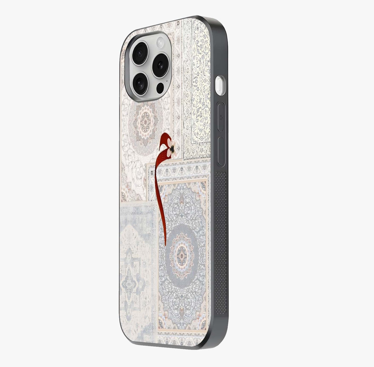 White Aesthetic Bow Glass Case photographed in natural light showing reflective finish and design depth.