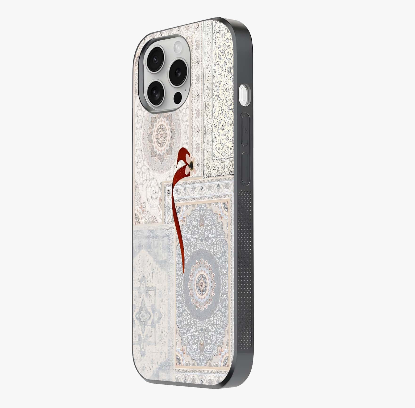 White Aesthetic Bow Glass Case photographed in natural light showing reflective finish and design depth.